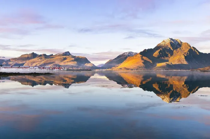 Framed Print : Mountains and rorbuer reflected in a Fjord during sunset, Leknes, Vestvagoy, Nordland, Lofoten Islands, Norway Framed Print : Mountains and rorbuer reflected in a Fjord during sunset, Leknes, Vestvagoy, Nordland, Lofoten Islands, Norway