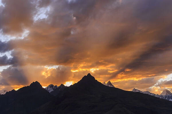 Mountains silhouette at sunset. Ancash, Cordigliera Blanca, Peru