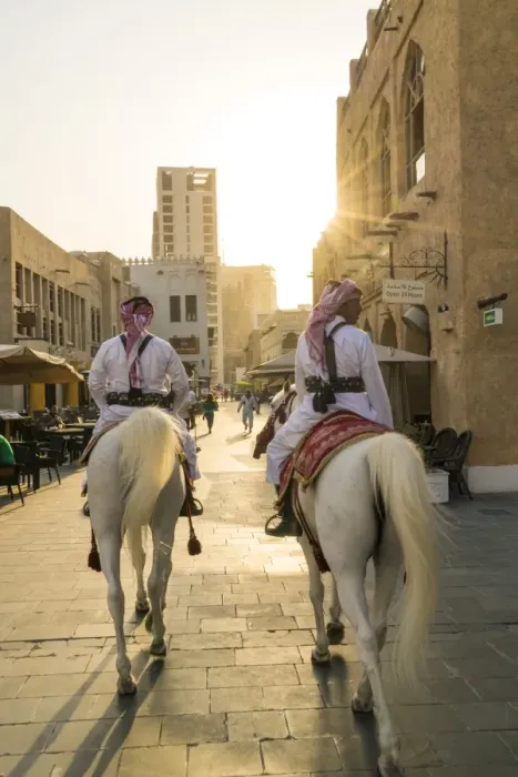 Framed Print : Mounted police on horses, Souq Waqif, Doha, Qatar