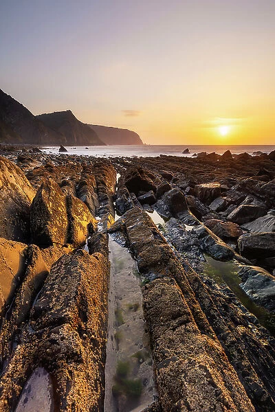 Mouthmill beach and Bideford Bay and Hartland at sunset, Mouthmill, North Devon, England, United Kingdom