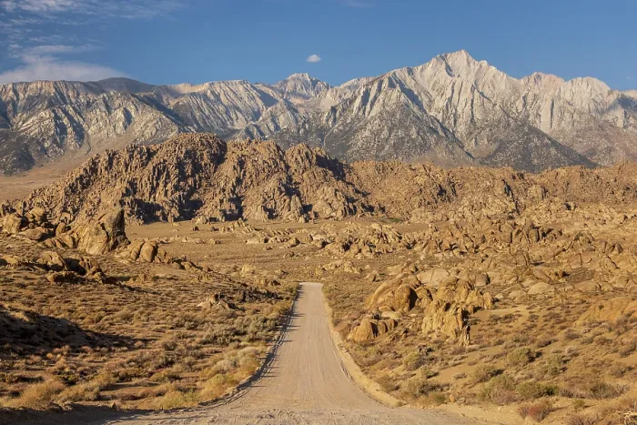Framed Print : Movie Road through the desert of the Alabama Hills, looking towards the Sierra Nevada mountains, California, USA. Summer (August) 2025 Framed Print : Movie Road through the desert of the Alabama Hills, looking towards the Sierra Nevada mountains, California, USA. Summer (August) 2025