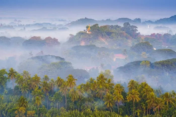 Framed Print : Mrauk-U, Rakhine state, Myanmar. Mrauk-U valley in a foggy sunrise seen from Framed Print : Mrauk-U, Rakhine state, Myanmar. Mrauk-U valley in a foggy sunrise seen from