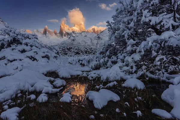 Mt. Fitz Roy at sunrise after an autumn snowfall, Los Glaciares National Park, Patagonia