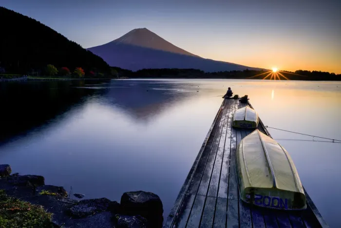 Framed Print : Mt. Fuji & Fisherman at Sunrise, Lake Tanuki, Fujinomiya, Shizouka, Honshu, Japan