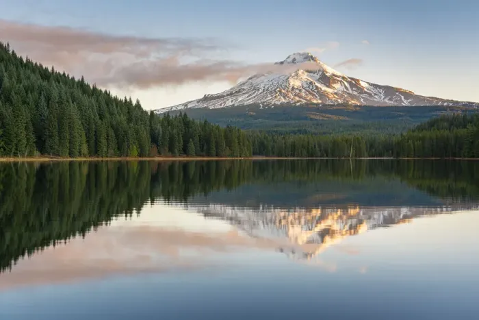 Framed Print : Mt Hood reflecting on Trillium Lake at dawn. Government Camp, Clackamas county, Oregon