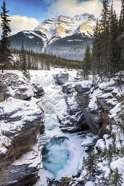 Mt. Kerkeslin & Athabasca Falls in Winter, Jasper National Park, Alberta, Canada