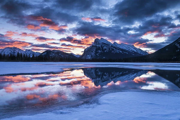 Mt. Rundle Reflecting in Vermillion Lakes at Sunrise, Banff National Park, Alberta