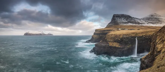 Framed Print : Mulafossa waterfall below the settlement of Gasadalur, with the island of Mykines in the distance, Faroe Islands, Denmark Framed Print : Mulafossa waterfall below the settlement of Gasadalur, with the island of Mykines in the distance, Faroe Islands, Denmark