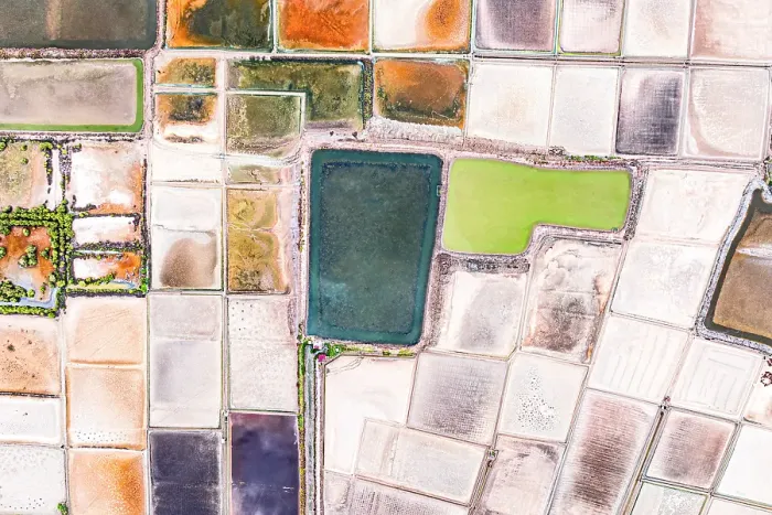 Framed Print : Multi colored salt tanks from above, aerial view, Phetchaburi, Thailand Framed Print : Multi colored salt tanks from above, aerial view, Phetchaburi, Thailand