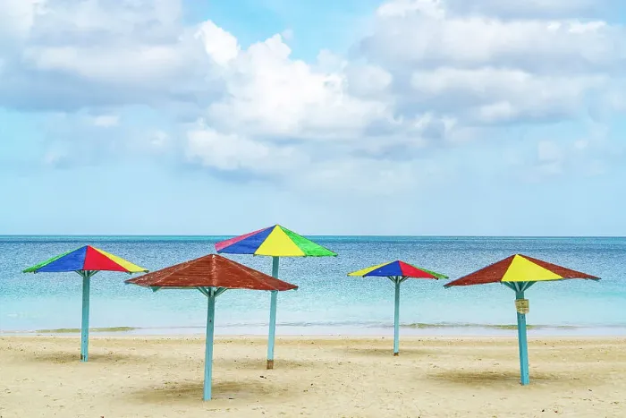 Framed Print : Multicolored beach umbrellas on a tropical shore, Antigua, Antigua & Barbuda, Caribbean, West Indies Framed Print : Multicolored beach umbrellas on a tropical shore, Antigua, Antigua & Barbuda, Caribbean, West Indies