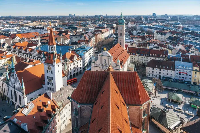 Framed Print : Munich, Germany. Aerial view of iconic Bavarian architecture and rooftops under a clear blue sky