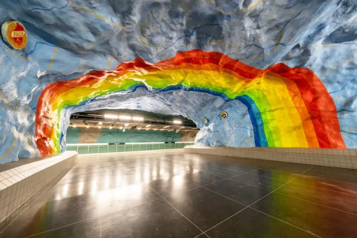Framed Print : Murals of rainbow on cave walls at Stadion metro station, Stockholm, Sweden Framed Print : Murals of rainbow on cave walls at Stadion metro station, Stockholm, Sweden