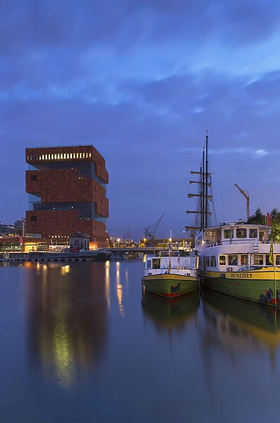 Museum aan de Stroom (MAS) in Willem Dock Marina at dusk, Antwerp, Flanders, Belgium