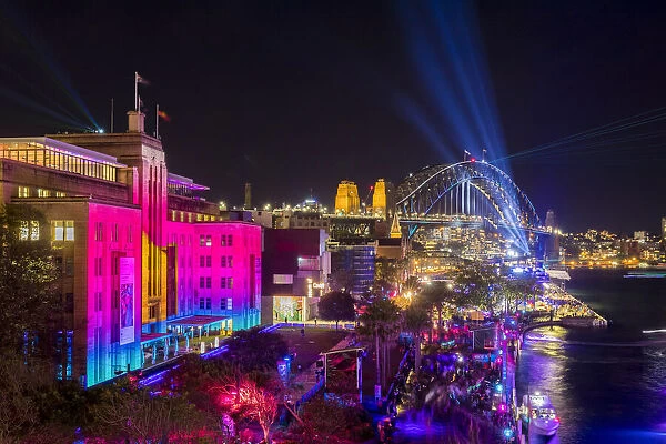 Museum of Contempory Art and Sydney Harbour Bridge illumiated with projections