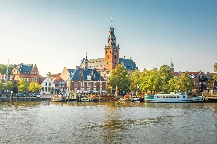 Framed Print : Museum harbor with town hall, Leer, East Frisia, Lower Saxony, Germany Framed Print : Museum harbor with town hall, Leer, East Frisia, Lower Saxony, Germany