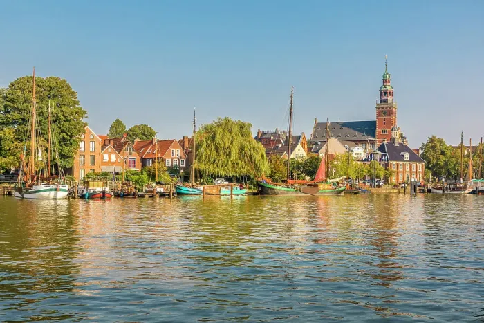 Framed Print : Museum harbor with town hall, Leer, East Frisia, Lower Saxony, Germany Framed Print : Museum harbor with town hall, Leer, East Frisia, Lower Saxony, Germany