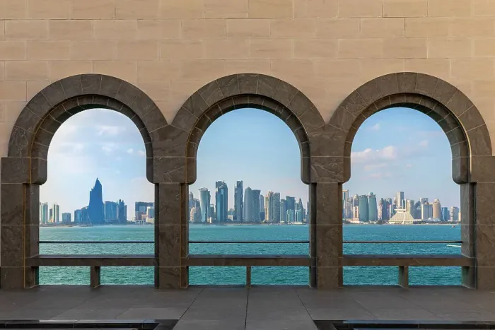 Framed Print : The Museum of Islamic Art with the West Bay in the Background, Doha, Qatar Framed Print : The Museum of Islamic Art with the West Bay in the Background, Doha, Qatar