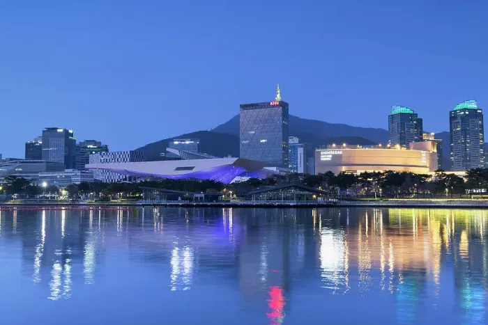Framed Print : Museums and park along Haeundae River at dusk, Busan, South Korea Framed Print : Museums and park along Haeundae River at dusk, Busan, South Korea