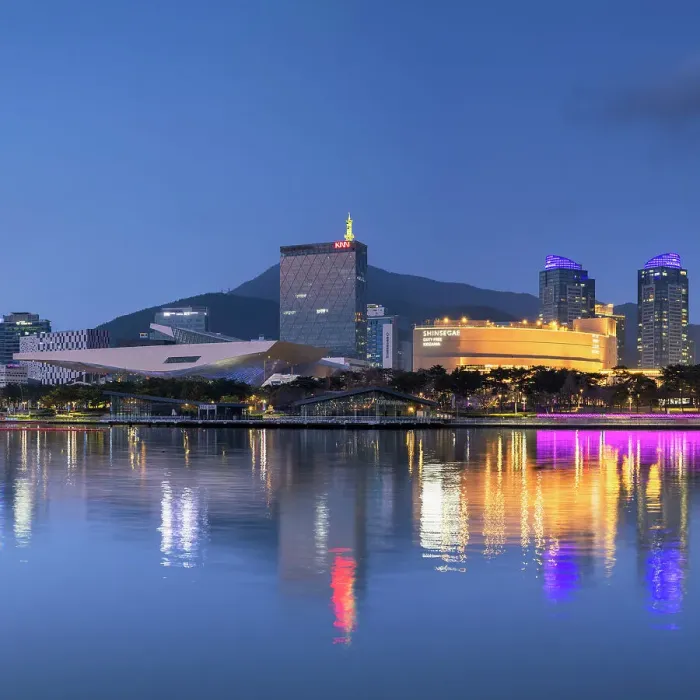 Framed Print : Museums and park along Haeundae River at dusk, Busan, South Korea Framed Print : Museums and park along Haeundae River at dusk, Busan, South Korea