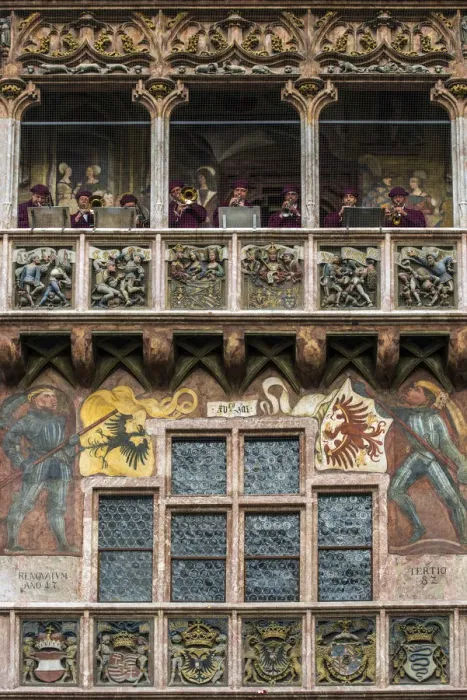 Framed Print : Music band performing on the balcony of the Goldenes Dachl landmark structure, Innsbruck Framed Print : Music band performing on the balcony of the Goldenes Dachl landmark structure, Innsbruck