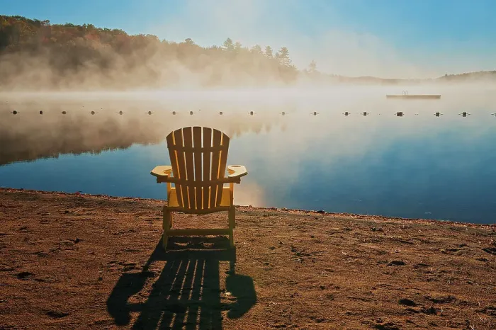 Framed Print : Muskoka chair in morning fog on sandy beach of Silent Lake Silent Lake Provincial Park, Ontario, Canada Framed Print : Muskoka chair in morning fog on sandy beach of Silent Lake Silent Lake Provincial Park, Ontario, Canada