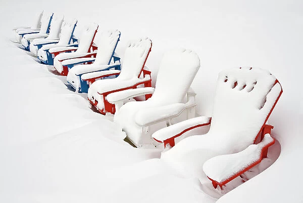 Muskoka chairs covered in snow in winter Port Carling, Ontario, Canada