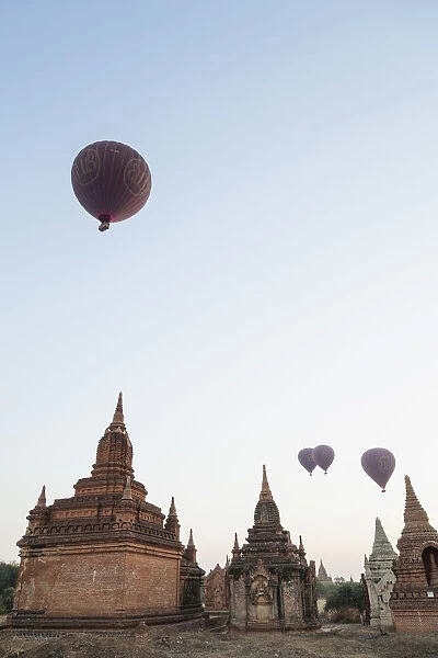 Myanmar (Burma), Bagan, Hot Air Balloons over Ancient Ruins