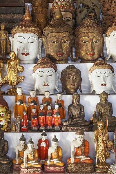 Myanmar (Burma), Bagan, Swhezigon Pagoda, Souvenir Shop Display of Wooden Masks