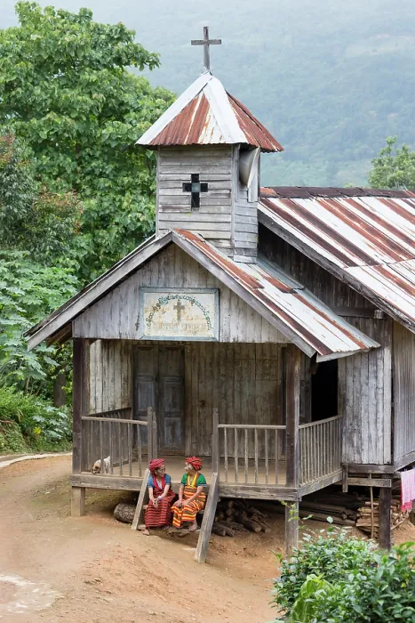 Framed Print : Myanmar, Burma, Chin, Two old ladies of the Ngraa tribe with tattooed faces on the steps of a wooden church Framed Print : Myanmar, Burma, Chin, Two old ladies of the Ngraa tribe with tattooed faces on the steps of a wooden church