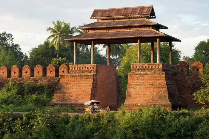 Framed Print : Myanmar, Burma, Mandalay, a carriage passes in front of a brick gate at Inwa Framed Print : Myanmar, Burma, Mandalay, a carriage passes in front of a brick gate at Inwa