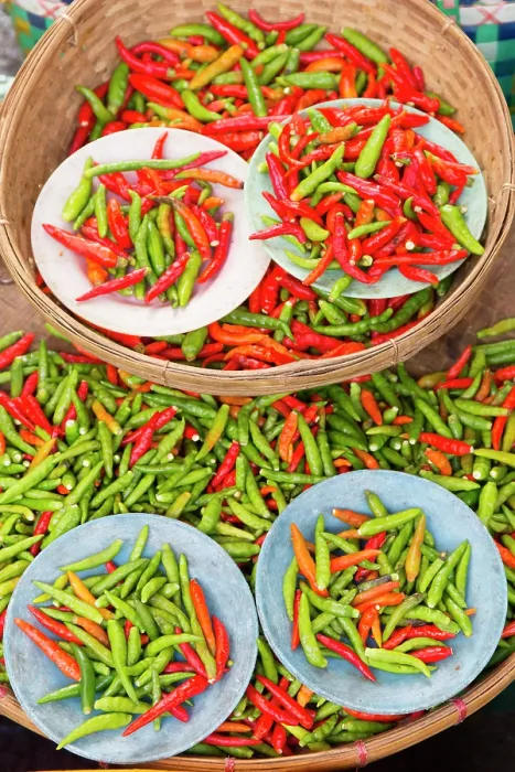 Framed Print : Myanmar, Burma, Shan, Inle Lake, Nyaungshwe, Nyaung Shwe, Red and green chillis at a market Framed Print : Myanmar, Burma, Shan, Inle Lake, Nyaungshwe, Nyaung Shwe, Red and green chillis at a market