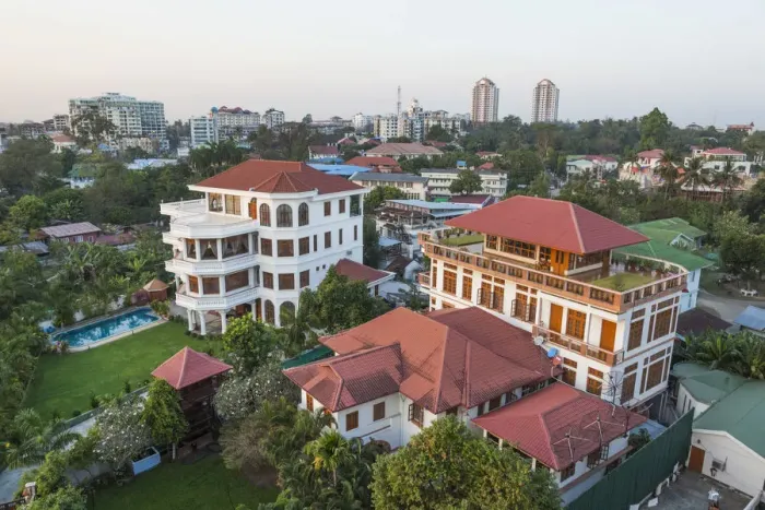 Framed Print : Myanmar (Burma), Yangon, Private Houses of the Wealthy and City Skyline Framed Print : Myanmar (Burma), Yangon, Private Houses of the Wealthy and City Skyline