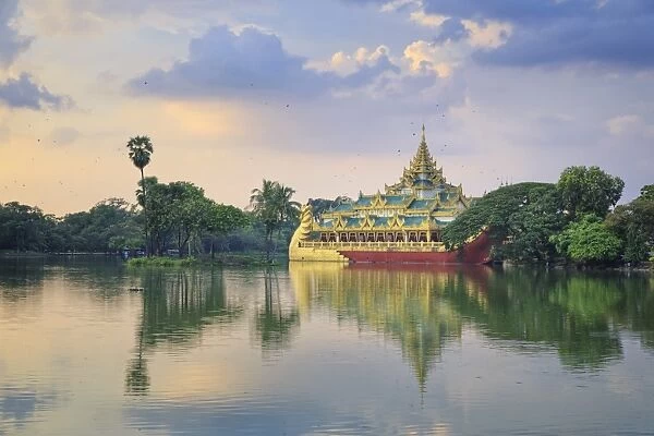 Myanmar (Burma), Yangon (Rangoon), Shwedagon Paya (Pagoda), Karaweik Hall and Kandawgyi