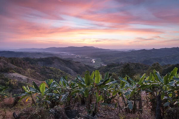 Myanmar, Chin State. Landscape at sunrise near Mindat