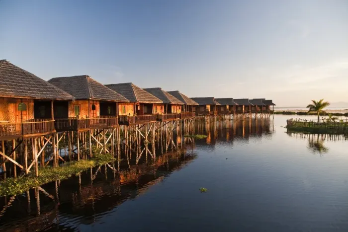 Framed Print : Myanmar, Inle Lake. Golden Island Cottages, a resort for tourists owned by the Pa-O people Framed Print : Myanmar, Inle Lake. Golden Island Cottages, a resort for tourists owned by the Pa-O people