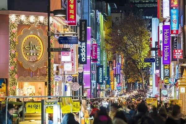 Myeong-Dong district at night. The location is the premiere district for shopping