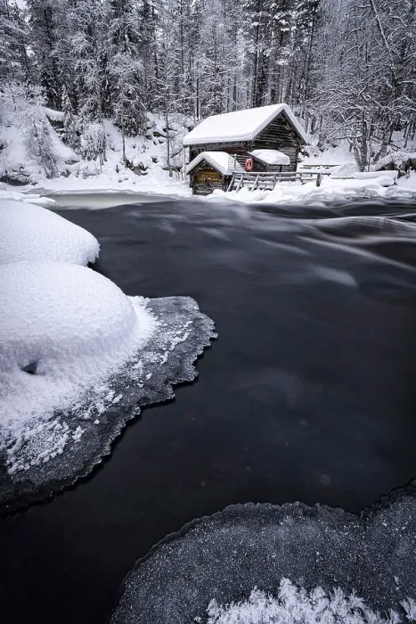 Framed Print : Myllykoski frozen rapids and snowy mill into an arctic forest, Juuma, Oulanka National Park, Kuusamo, Lapland, Finland