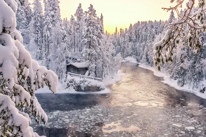 Framed Print : Myllykoski frozen rapids and snowy mill into an arctic forest at sunrise, Juuma, Oulanka National Park, Kuusamo, Lapland, Finland Framed Print : Myllykoski frozen rapids and snowy mill into an arctic forest at sunrise, Juuma, Oulanka National Park, Kuusamo, Lapland, Finland
