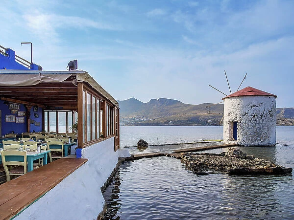 Mylos Restaurant and Windmill on the water, Agia Marina, Leros Island, Dodecanese, Greece