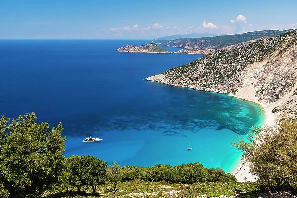 Myrtos Beach on the island of Kefalonia, Ionian Islands, Greece. Summer (June) 2023