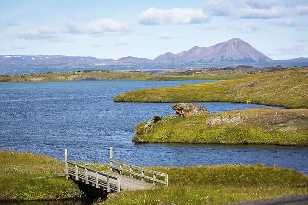 Myvatn, Iceland. lakes and green landscape with volcanic mountains on background