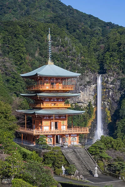 Nachisan Seiganto-ji pagoda at Kumano Nachi Shrine with Nachi Falls in the background