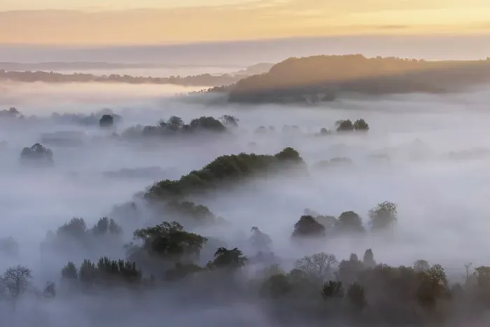 Framed Print : Nadder Valley and Charlton Down at dawn from Melbury Hill, Cranborne Chase, Dorset, England, UK