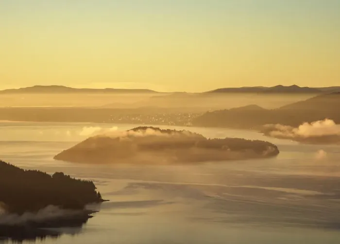 Framed Print : Nahuel Huapi Lake and Huemul Island at sunrise, seen from Cerro Campanario, Nahuel Framed Print : Nahuel Huapi Lake and Huemul Island at sunrise, seen from Cerro Campanario, Nahuel