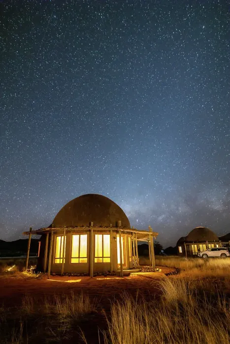 Framed Print : Namibia, illuminated rooms under the milky way in a game reserve safari lodge in Namib Naukluft National Park