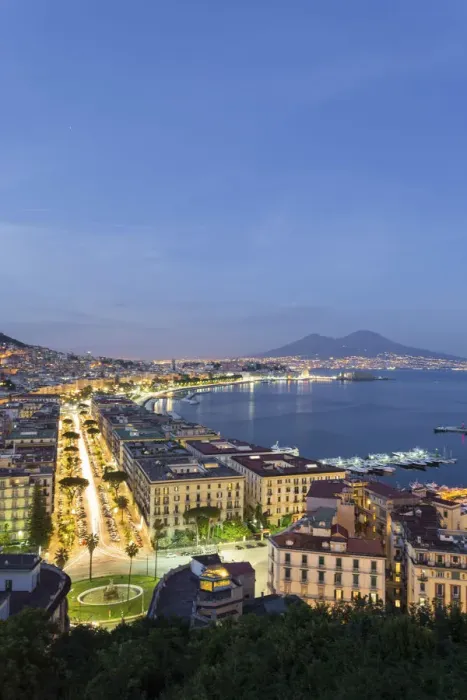 Framed Print : Naples, Campania, Italy. View of the bay by night and Mount Vesuvius Volcano in background