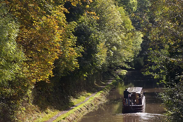 Narrowboat cruising on the Monmouthshire and Brecon Canal, Llangattock, Brecon Beacons