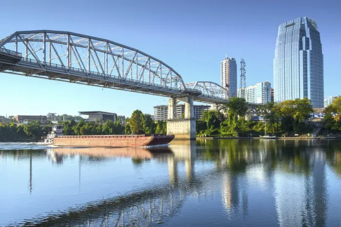 Framed Print : Nashville, Tennessee, Barge, Cumberland River, John Seigenthaler Pedestrian Bridge Framed Print : Nashville, Tennessee, Barge, Cumberland River, John Seigenthaler Pedestrian Bridge