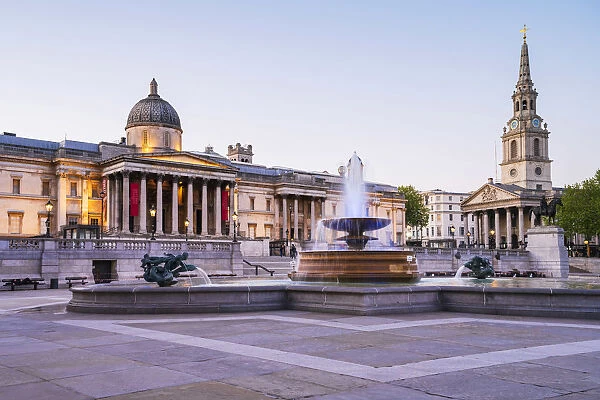 National Gallery and St Martin in the Fields church in Trafalgar Square; London; England