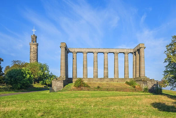National Monument with Nelson Monument, Calton Hill, Edinburgh, Scotland, Great Britain